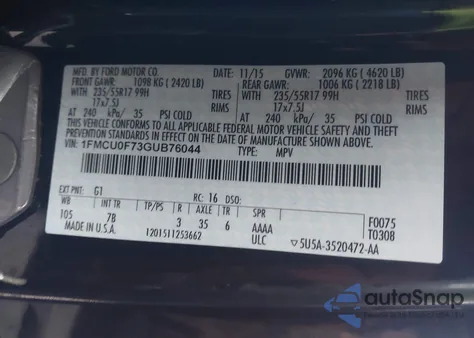 2016 Ford Escape S z USA, uszkodzony, nr VIN 1FMCU0F73GUB76044